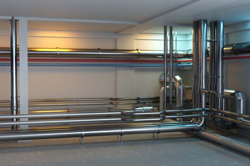 a basement with pipes